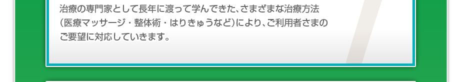 治療の専門家として長年に渡って学んできた、さまざまな治療方法（医療マッサージ・整体術・はりきゅうなど）により、ご利用者さまのご要望に対応していきます。